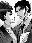  1girl adele_(emma) bad_id bad_pixiv_id clothes_grab formal gloves greyscale hair_up hans_(emma) hat hetero lowres monochrome necktie official_style profile suit victorian victorian_romance_emma ywaka 