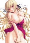 areola_slip areolae bakemonogatari bangs bar_censor bare_shoulders blonde_hair blush breast_slip breast_squeeze breasts censored collarbone cowboy_shot dress dress_lift dress_pull from_above hair_ribbon hair_spread_out head_tilt highres homunculus_(artist) kiss-shot_acerola-orion_heart-under-blade kizumonogatari lace lace-trimmed_dress large_breasts lips long_hair looking_at_viewer lying monogatari_(series) navel nipples no_bra no_panties non-web_source on_back one_breast_out page_number parted_lips pointy_ears pubic_hair pussy red_eyes ribbon scan simple_background solo spaghetti_strap strap_slip sweat very_long_hair white_background 
