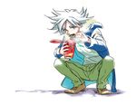  bad_id bad_pixiv_id blue_eyes chopsticks cup_ramen eating fubuki_shirou fur_trim inazuma_eleven_(series) inazuma_eleven_go jacket male_focus mansu older pants solo squatting steam white_hair 