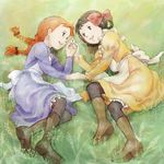  anne_of_green_gables anne_shirley apron boots braid child diana_barry dress eye_contact friends grass hair_ribbon holding_hands looking_at_another lowres lying multiple_girls oekaki official_style pantyhose ribbon sakai_yume smile twin_braids 