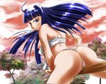  aoyama_motoko arched_back ass back black_hair blue_eyes bokken chest_wrap cloud crotch_rub forest gravity_work_x grinding looking_back looking_over_shoulder love_hina nature nipple_slip nipples panties purple_eyes sarashi sword underwear weapon wooden_sword 