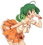  ;d a1 absurdres ahoge ai-kun alien bare_shoulders blush brown_eyes clenched_hand fang green_hair highres leaning_forward macross macross_frontier midriff one_eye_closed open_mouth ranka_lee ribbon short_hair short_twintails simple_background skirt smile solo twintails vajra 