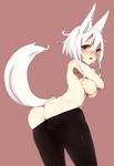  animal_ears ass blush breasts covering covering_breasts looking_back maze_(gochama_ze_gohan) medium_breasts nipples original pantyhose pantyhose_pull red_eyes short_hair silver_hair solo tail topless wolf_ears 