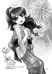  aerial_fireworks balloon fireworks ganaha_hibiki greyscale idolmaster idolmaster_(classic) japanese_clothes kimono long_hair monochrome nekomata_naomi ponytail solo yukata 