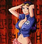  1girl arms_up belly_button black_hair blue_shirt breasts center_opening cleavage crop_top floral_print flower glasses glasses_on_head hair_slicked_back hand_on_head hands_on_head huge_breasts large_breasts long_hair looking_at_viewer lowleg midriff navel nico_robin nico_robin_2y no_bra one_piece open_clothes open_mouth open_shirt pink_skirt purple_eyes revealing_clothes sarong shiny shiny_hair shirt short_sleeves skirt smile solo sun_glasses sunglasses sunglasses_on_head teeth unzipped upper_body zipper 