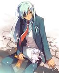  bouquet dark_skin dark_skinned_male eyepatch flower formal inazuma_eleven inazuma_eleven_(series) inazuma_eleven_go long_hair male_focus necktie older sakuma_jirou silver_hair smile solo suit tousaki_umiko 