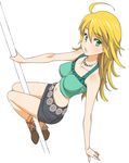  a1 absurdres ahoge blonde_hair blush body_blush boots crop_top full_body green_eyes highres hoshii_miki idolmaster idolmaster_(classic) impossible_clothes impossible_shirt jewelry lips long_hair looking_back midriff navel necklace pole pole_dancing shirt simple_background skirt solo star stripper_pole tank_top 