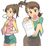  ? a1 absurdres blush brown_eyes brown_hair condom condom_in_mouth denim denim_skirt flipped_hair foreshortening futami_ami futami_mami hands_in_pockets highres hood hoodie idolmaster idolmaster_(classic) idolmaster_2 mouth_hold multiple_girls open_mouth paper pencil_skirt siblings side_ponytail simple_background sisters skirt translation_request twins 