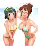  akizuki_ritsuko antenna_hair bikini blush breast_squeeze breasts brown_eyes brown_hair cleavage folded_ponytail frown glasses green_hair hairband hand_on_hip idolmaster idolmaster_(classic) leaning_forward medium_breasts mole mole_under_mouth multiple_girls navel one_eye_closed open_mouth otonashi_kotori side-tie_bikini slingshot_swimsuit swimsuit tan tanline ueyama_michirou yellow_hairband 