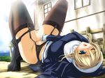  black_thighhighs blonde_hair blue_eyes cencored cosplay erect_nipples female_ejaculation garter laying masturbation nun outside panties pussy_juice saliva solo thighhighs wink 