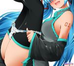  black_legwear blue_hair blush detached_sleeves dr_rex hatsune_miku head_out_of_frame legs_up long_hair open_mouth panties panty_pull simple_background sitting smile solo striped striped_panties thighhighs underwear undressing very_long_hair vocaloid 