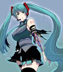  android aqua_hair bad_id bad_pixiv_id cable cowboy_shot detached_sleeves green_eyes hatsune_miku headset long_hair masao necktie skirt solo tears thighhighs torn_clothes twintails very_long_hair vocaloid wire 