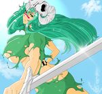  bleach breasts green_eyes green_hair long_hair neliel_tu_oderschvank sky sword underboob weapon 