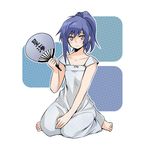  agi barefoot blue_eyes blue_hair commentary_request fan full_body long_hair maria_traydor paper_fan simple_background sitting solo square_enix star_ocean star_ocean_till_the_end_of_time uchiwa wariza white_background 