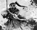  bccp greyscale haori japanese_clothes katana long_hair male_focus monochrome original ponytail samurai solo sword weapon 