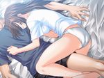  1boy 1girl amakara_twins barefoot bed bed_sheet brown_hair eyes_closed game_cg hold holding mitarashi_kousei open_mouth panties sakuragi_haruka sheets sleeping underwear 