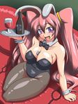  absurdres alcohol animal_ears between_breasts bottle breasts bunny_ears bunnysuit cleavage couch fang goblet highres large_breasts lighter long_hair original pantyhose pink_hair purple_eyes solo taro tray twintails wine 