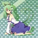  animal_ears bad_feet bad_id bad_pixiv_id barefoot cat_ears detached_sleeves frog green_eyes green_hair hair_ornament highres kemonomimi_mode kochiya_sanae long_hair snake solo tail tapa touhou 