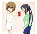  blue_eyes blush brown_eyes brown_hair can face hair_down ikari_manatsu k-on! multiple_girls nakano_azusa naked_towel short_hair soda_can tainaka_ritsu towel twintails wet 