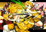  1girl blonde_hair blue_eyes brother_and_sister card cherry_blossoms cup dagger dice fighting_stance floating_card gekokujou_(vocaloid) hadanugi_dousa hair_between_eyes hair_ornament hair_ribbon hairclip hanafuda headset holding holding_sword holding_weapon japanese_clothes kagamine_len kagamine_rin kimono looking_at_viewer outside_border petals ress reverse_grip ribbon sarashi siblings slashing sliced spring_onion sword tree twins vocaloid weapon yellow_kimono yunomi 