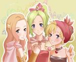  3girls bandana bandanna blonde_hair blue_eyes cape celes_chere choker detached_sleeves female final_fantasy final_fantasy_vi green_eyes green_hair hand_holding holding_hands long_hair moogle multiple_girls ponytail red_ribbon relm_arrowny ribbon sarapowa short_hair smile tina_branford 