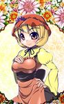  aki_minoriko apron blonde_hair blush breast_suppress breasts choker dress eyebrows floral_background flower food fruit grapes hand_on_hip hat highres medium_breasts red_eyes ribbon ribbon_choker short_hair smile solo tight touhou umigarasu_(kitsune1963) 