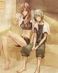  1girl barefoot casual couch couple crossed_legs final_fantasy final_fantasy_xiii green_eyes height_difference hetero hope_estheim lightning_farron long_hair maka_(morphine) midriff navel pink_hair sitting sketch sleeping sleeping_upright 