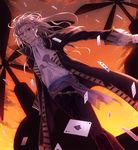  card falling_card final_fantasy final_fantasy_vi long_coat long_hair male_focus neckerchief sash setzer_gabbiani silver_hair solo sunset yamyom 