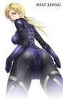  1girl ass blonde_hair blue_eyes bodysuit breasts deep_rising female jill_valentine long_hair looking_back looking_down open_mouth ponytail resident_evil resident_evil_5 solo thor_(deep_rising) white_background 