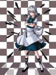 ankle_lace-up apron braid checkered checkered_background cross-laced_footwear crossed_arms danmaku floating hair_ribbon high_heels izayoi_sakuya knife m134 maid maid_headdress one_eye_closed red_eyes ribbon shoes silver_hair solo touhou twin_braids 