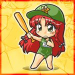  alternate_color_school_swimsuit baseball baseball_bat border green_swimsuit hong_meiling long_hair name_tag one-piece_swimsuit red_border red_hair school_swimsuit solo swimsuit touhou winn 