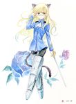  agahari animal_ears blonde_hair cat_ears flower glasses long_hair pantyhose perrine_h_clostermann rapier solo strike_witches striker_unit sword tail uniform weapon world_witches_series yellow_eyes 