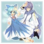  1girl bad_feet bad_id bad_pixiv_id barefoot blue_eyes blue_hair blue_scarf blush bow cirno crossover fang feet hair_bow hands kaito midriff mikipa nail_polish navel one_eye_closed scarf short_hair smile touhou vocaloid 