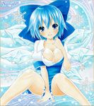  ayuayu bad_id bad_pixiv_id blue_eyes blue_hair bow breasts bursting_breasts cirno cleavage hair_bow ice large_breasts marker_(medium) sample short_hair snowflakes solo spread_legs strap_slip touhou traditional_media wings 