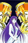  1boy 1girl 80&#039;s 80's 80s araki_shingo armor athena athena_(saint_seiya) cloth crazy_eyes evil_smile gemini_saga goddess kido_saori kidoh_saori kidou_saori knights_of_the_zodiac male oldschool purple_hair saint_seiya saori_kido siblings smile twins two_faces 