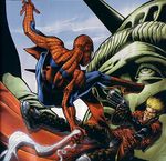  2boys battle crossover east_vs_west epic gun lowres marvel multiple_boys spider-man statue_of_liberty trigun vash_the_stampede weapon 