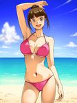  arm_up armpits bangs beach bikini blunt_bangs breasts brown_eyes brown_hair collarbone contrapposto curvy day hair_bun hips kawanuma_uotsuri large_breasts navel ocean open_mouth original smile solo standing swimsuit 