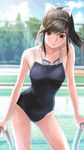  brown_eyes brown_hair competition_school_swimsuit goggles goggles_around_neck long_hair love_plus mino_tarou one-piece_swimsuit ponytail pool pool_ladder ribbon solo swimsuit takane_manaka 