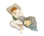  bad_id bad_pixiv_id barefoot bed_sheet brown_hair calico cat closed_eyes feet iwashi_(morpho000) kyon lying male_focus on_side pillow shamisen_(suzumiya_haruhi) sleeping solo suzumiya_haruhi_no_yuuutsu 