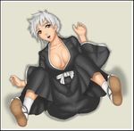  1girl bleach breasts brown_eyes cleavage deep_rising female footwear from_above full_body japanese_clothes kotetsu_isane legs_up lying on_back sandals shadow short_hair silver_hair socks solo thor_(deep_rising) 