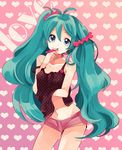  amezawa_koma antenna_hair aqua_hair aqua_nails bad_id bad_pixiv_id blue_eyes brushing_teeth camisole collarbone contrapposto cowboy_shot english fingernails hand_under_clothes hand_under_shirt hatsune_miku heart heart_background heart_print long_hair messy_hair nail_polish navel pink_background print_shirt scrunchie shirt shirt_lift short_shorts shorts solo standing strap_slip striped striped_scrunchie toothbrush twintails very_long_hair vocaloid 