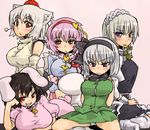  :&lt; animal_ears breasts bunny_ears eyebrows frown grin inaba_tewi inubashiri_momiji izayoi_sakuya komeiji_satori konpaku_youmu konpaku_youmu_(ghost) large_breasts maid multiple_girls naughty_face panties pantyshot seki_(red_shine) smile tight touhou underwear wolf_ears 