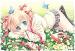  bad_id bad_pixiv_id blonde_hair blue_eyes border bow bug butterfly clover clover_(flower) doughnut fading_border flower food four-leaf_clover gradient_eyes grass green_eyes hair_bow highres insect kamikita_komari kimishima_ao little_busters! lying mouth_hold multicolored multicolored_eyes on_stomach plaid plaid_skirt pocky ribbon school_uniform short_hair skirt socks solo star 