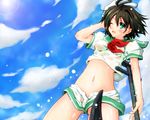  anchor black_hair green_eyes haruyonoto hat midriff murasa_minamitsu navel sailor sailor_collar sailor_hat short_hair solo touhou wet 