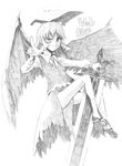  ex-rumia floating greyscale monochrome pointing rumia sketch smirk solo sword touhou traditional_media translated tsuji_kazuho weapon webclap wings 