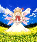  :d \o/ ^_^ arms_up bad_id bad_pixiv_id blush bow bowtie capelet closed_eyes cloud day dress fairy field flower flower_field happy hat hat_ribbon lily_white open_mouth outstretched_arms petals ribbon sky smile solo touhou tsuguha white_dress wings 