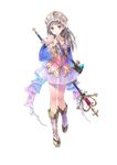  :d atelier_(series) atelier_totori bag bangs bare_shoulders blue_sleeves boots crown detached_sleeves flat_chest frills full_body gem gradient grey_hair kishida_mel knee_boots legs long_hair looking_at_viewer miniskirt multicolored multicolored_ribbon official_art open_mouth parted_bangs pink_footwear pleated_skirt ribbon see-through silver_eyes skirt smile solo staff standing totooria_helmold watermark white_background wide_sleeves 