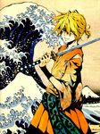  bad_id bad_pixiv_id blonde_hair fine_art_parody fleur-de-lis japanese_clothes kagamine_len kanagawa_okinami_ura male_focus parody solo sword vocaloid water waves weapon 