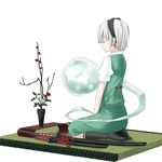  black_hairband black_legwear closed_eyes flower ghost hairband ikebana isometric katana kneehighs konpaku_youmu konpaku_youmu_(ghost) nabeshima_tetsuhiro seiza sheath sheathed short_hair silver_hair simple_background sitting solo sword tatami touhou weapon 