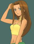  arc_the_lad arc_the_lad_ii bare_shoulders blue_eyes breasts brown_hair cleavage commentary_request dark_skin facial_mark green_eyes hosshi_(nariagari) long_hair looking_at_viewer lowres midriff navel sania_(arc_the_lad) simple_background solo tank_top 